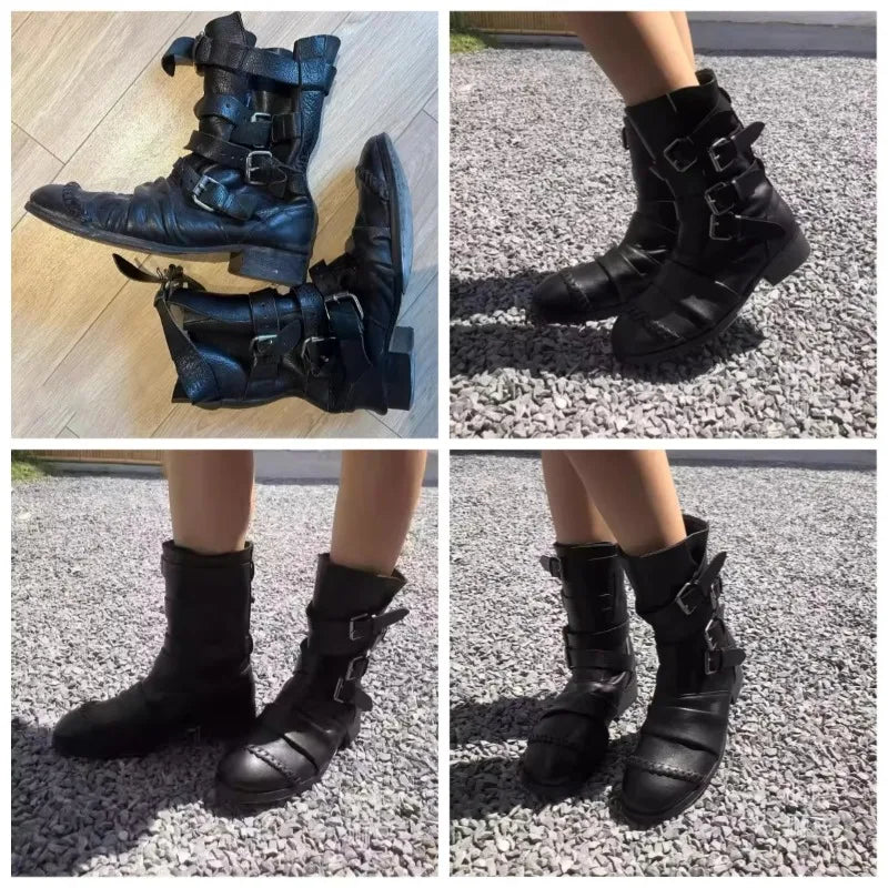 Black Multiple Buckles Pleated Mid-Calf Boots Woman Winter 2026 Round Toe Chunky Heels Punk Style Biker Boots Knight Boots