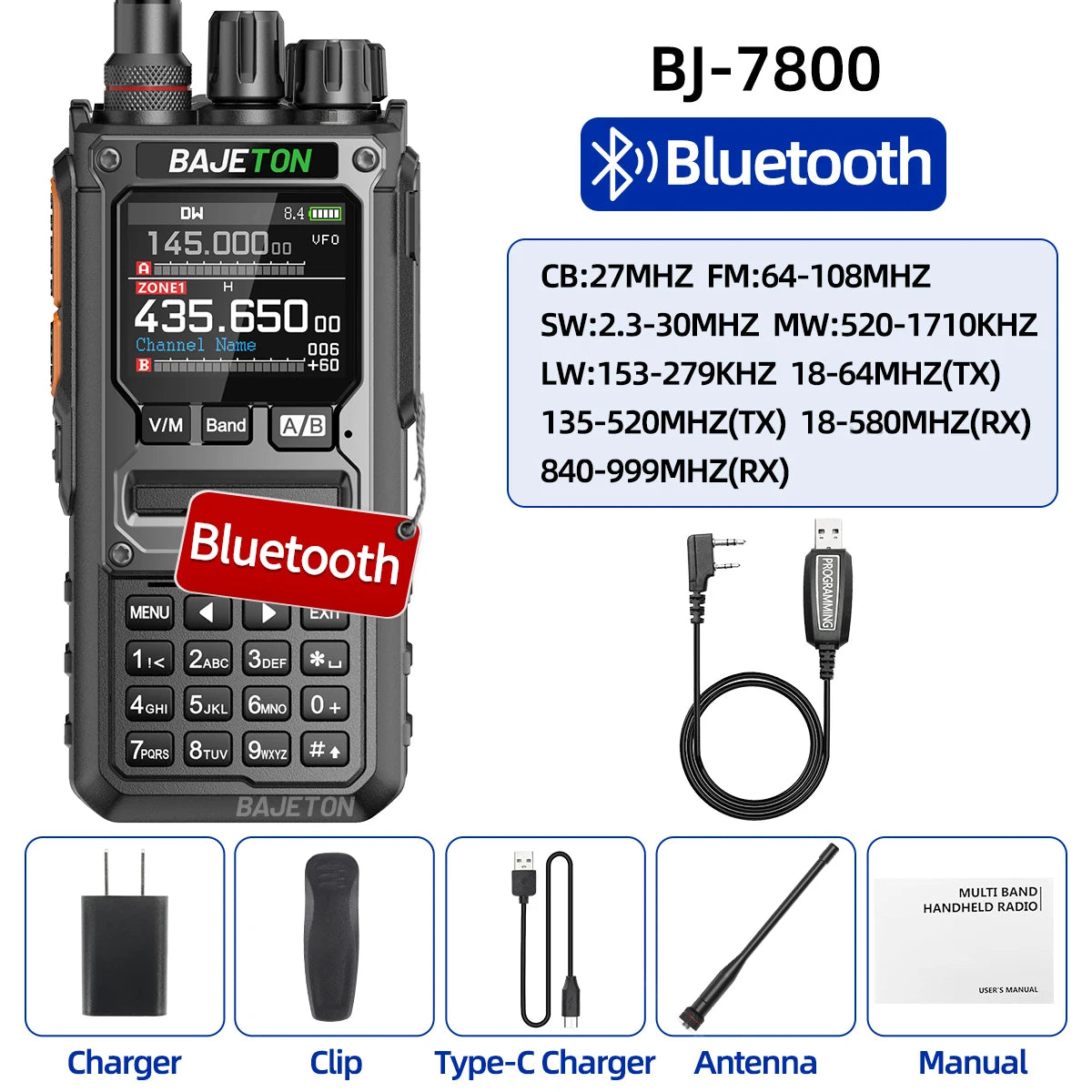 BAJETON BJ-7800 Walkie Talkie Long Range SW MW LW AM SSB CB 10W Receive Wireless Bluetooth Phone Programming Ham Radio RT-920