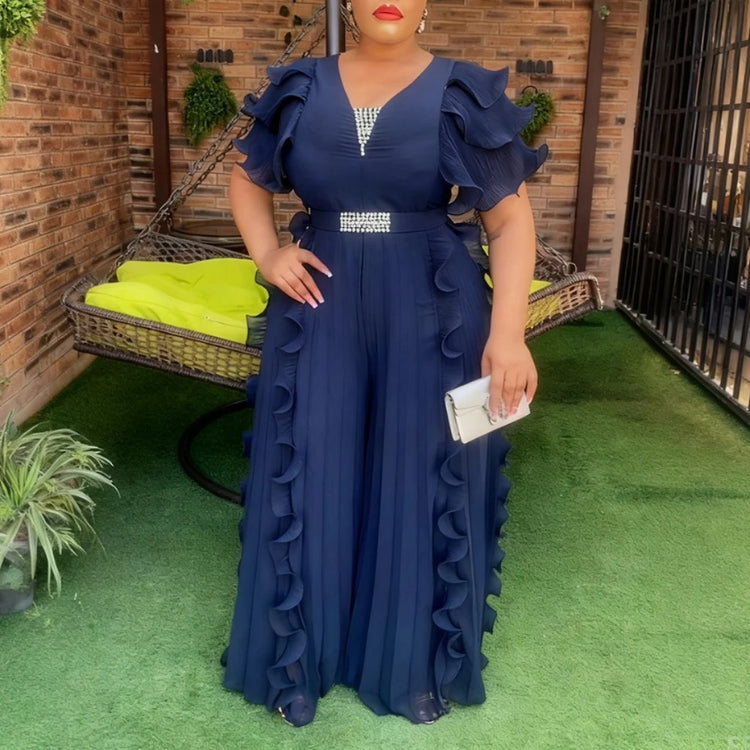 Elegant Women Wide Leg Pleated Jumpsuits V Neck Short Sleeve Ruffle Diamond Waist Belt Fashion African Female Evening Party Wear