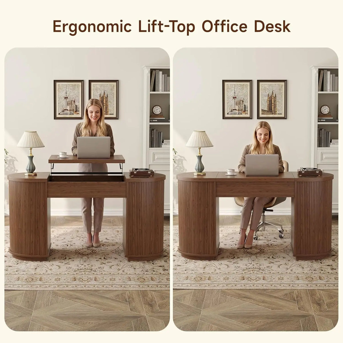 59 Inch Lift Top Office Desk with USB Charging Ports & Storage, Mid-Century Modern Fluted Curved Computer Study Desk with Adjustable Height for Home Office
