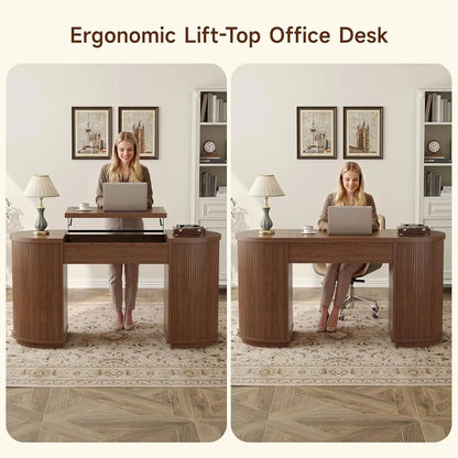 59 Inch Lift Top Office Desk with USB Charging Ports & Storage, Mid-Century Modern Fluted Curved Computer Study Desk with Adjustable Height for Home Office