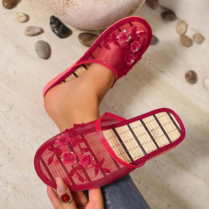 Mesh Breathable Embroider Sequin Flower Mules Shoes Summer Closed Toe Soft Bottom Sandals Female Chinese Style Bamboo Sandals