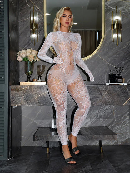 Sexy Long Sleeve Bodysuit Women Red Floral Lace See Through Backless Sheer Mesh Jumpsuit Slim Bodycon Lingerie Exotic Apparel
