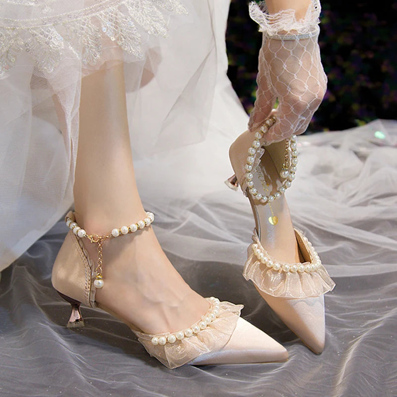 Elegant Pearl Weddings Bridal Pumps for Women 2026 Summer Silk Ankle Straps High Heels Shoes Woman Pointed Toe Dress White Shoes
