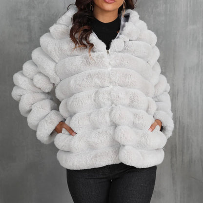 2026 Winter Hooded Plus Size Faux Fur Cropped Coat Women Furry Long Sleeve Plush Jacket Lady Large Fake Fur Warm Fluffy Cardigan
