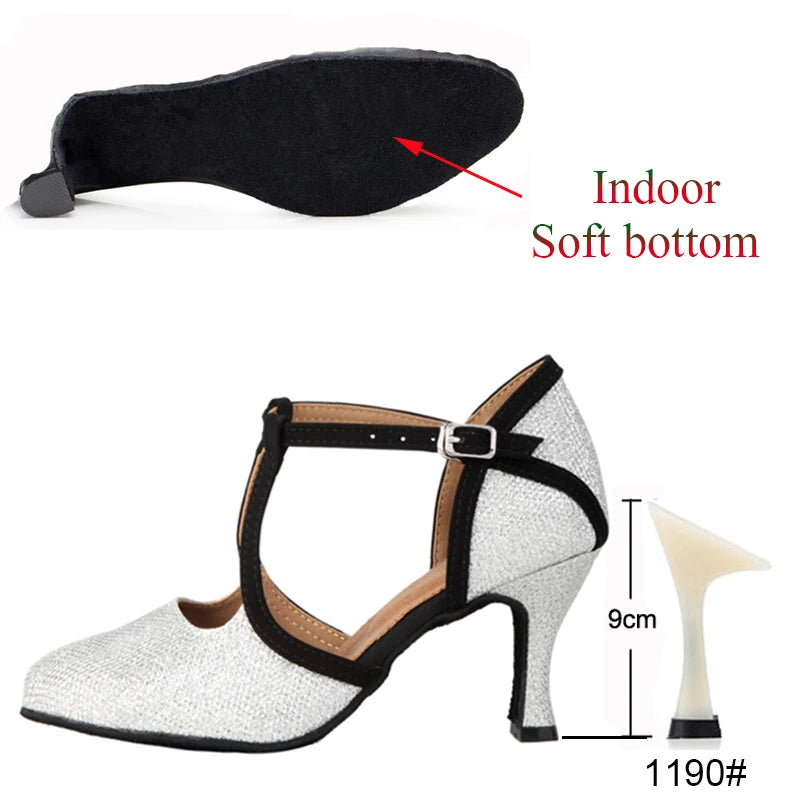 New Latin Dance Shoes Ladies Salsa Tango Ballroom Party High Heels Black Silver Summer Closed Toe Women's Shoes Dancing Shoes