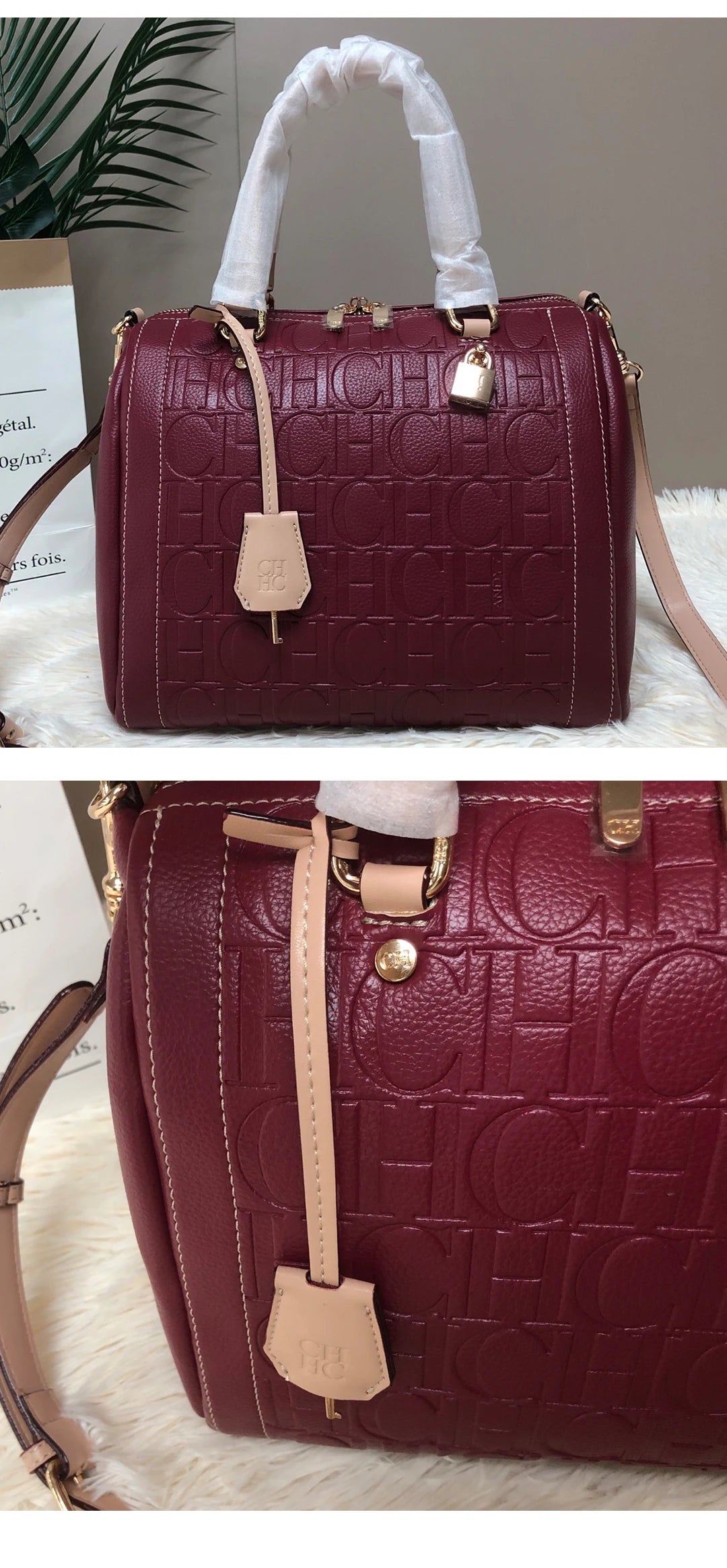 CH Carolina Herrera Boston Bag Women Leather Embossed Logo Shoulder Bag Luxury Travel Handbag Large Capacity