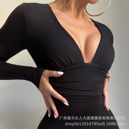Women Black Jumpsuits Long Sleeve Slim Fits Solid Color Deep V Skinny Pants Rompers Low Neck Sexy Tight Jumpsuit Fashion