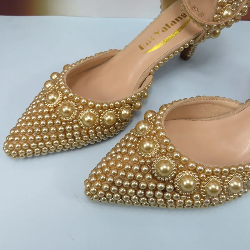 Champagne Pearl Wedding Bridal Shoes Woman Fashion Thin Heel Party Dress Shoe Lace-up Pointed Toe High Handmade Ankle Strap Shoe