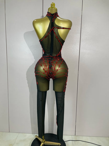 New Women Sparkly Diamonds Sexy Mesh Jumpsuit Nightclub Bar Party Show Gogo Dancer Festival Clothing Drag Queen Stage Costume