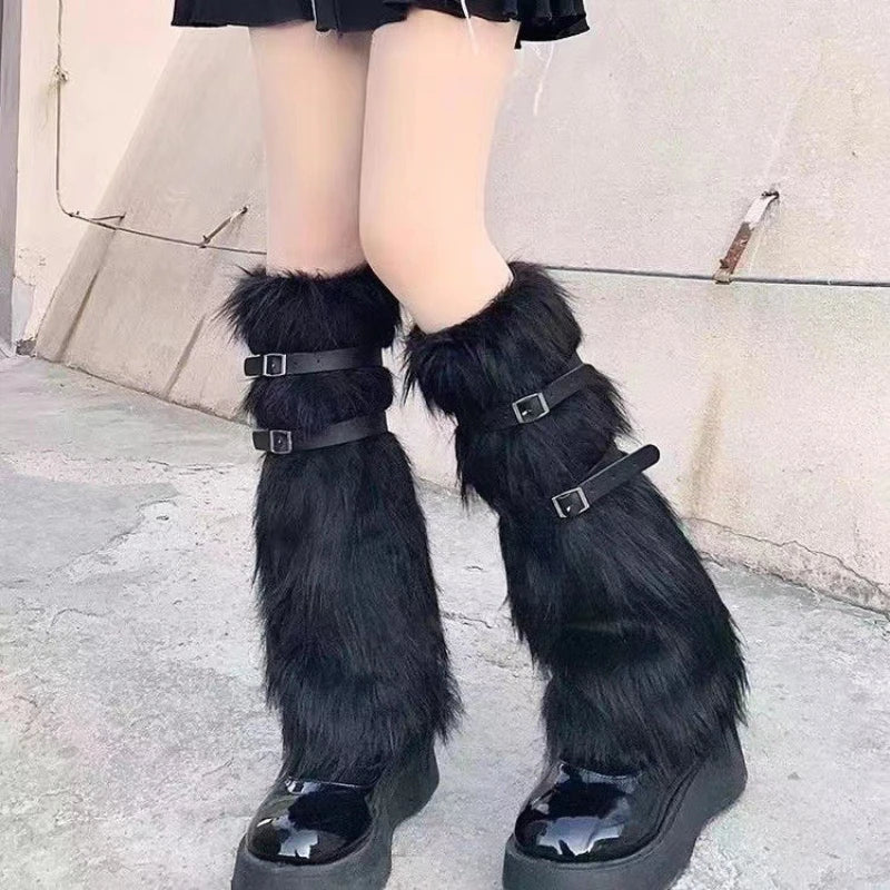 Furry Leg Warmers Women Sweet Lolita Leather-Buckle Plush Leg Covers Y2k Hottie Subculture JK Long Socks Punk Gothic Foot Covers