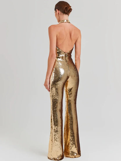 VC Gold Elegant Jumpsuits For Woman Luxury Brown Sequins Design Fashion Party Sexy Backless Sleeveless One Piece Female Clothing