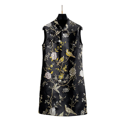 Elegant Black Stand Collar Frog Button Qipao Bird Beaded Jacquard Sleeveless Tank Dress for Women Autumn Party Vintage Chic Gown