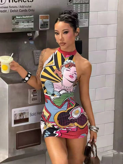 STYLISH LADY Pop Art Comic Print Halter Mini Dress Women Sleeveless Backless Bodycon Stretch Slim Fit Party Club Short Dress