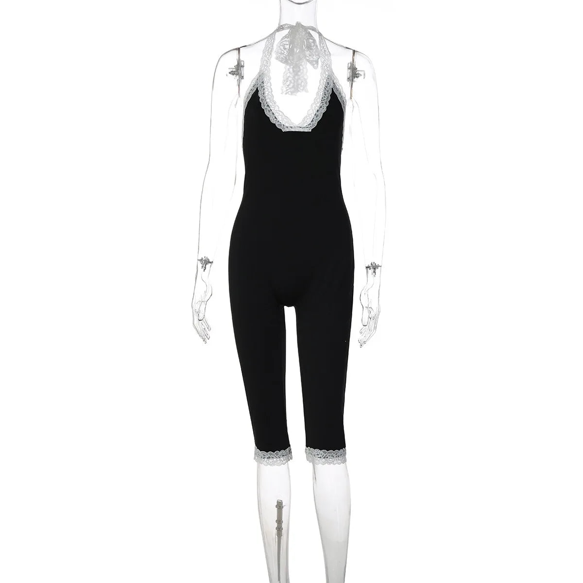 Joskaa Black Lace Trim Halter Capri Jumpsuits Women Sexy V-Neck Backless Sleeveless Bodycon Knee Length Rompers Y2K Streetwear