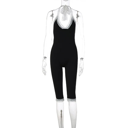 Joskaa Black Lace Trim Halter Capri Jumpsuits Women Sexy V-Neck Backless Sleeveless Bodycon Knee Length Rompers Y2K Streetwear