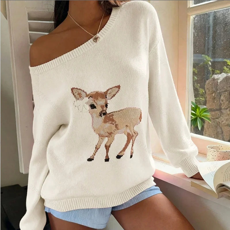 Women's Loose One-Shoulder Sweater Autumn/Winter Knitwear Top White Deer Pattern Fashionable Casual Style