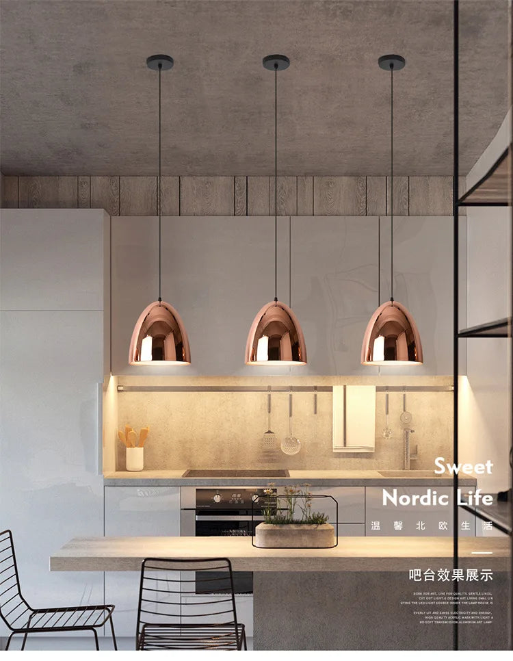 Nordic Rose Gold Pendant Lights Plated Metal Hanging Lamp Fixtures Dining Room Kitchen Island Bar Cafe Indoor Decor Lighting E27