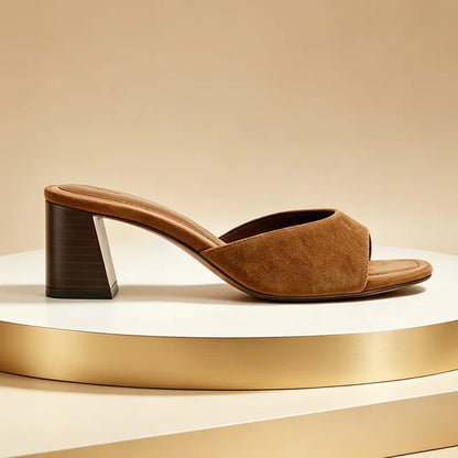 Elegant Faux Suede Chunk High Heel Mule Sandals Women Backless Square Toe Slippers for Ladies 2026 Summer Luxury Designer Shoes