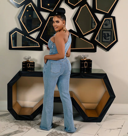 High Street Jeans Stretch Romper Sexy Women One Shoulder Elegant Denim Casual Romper Overalls