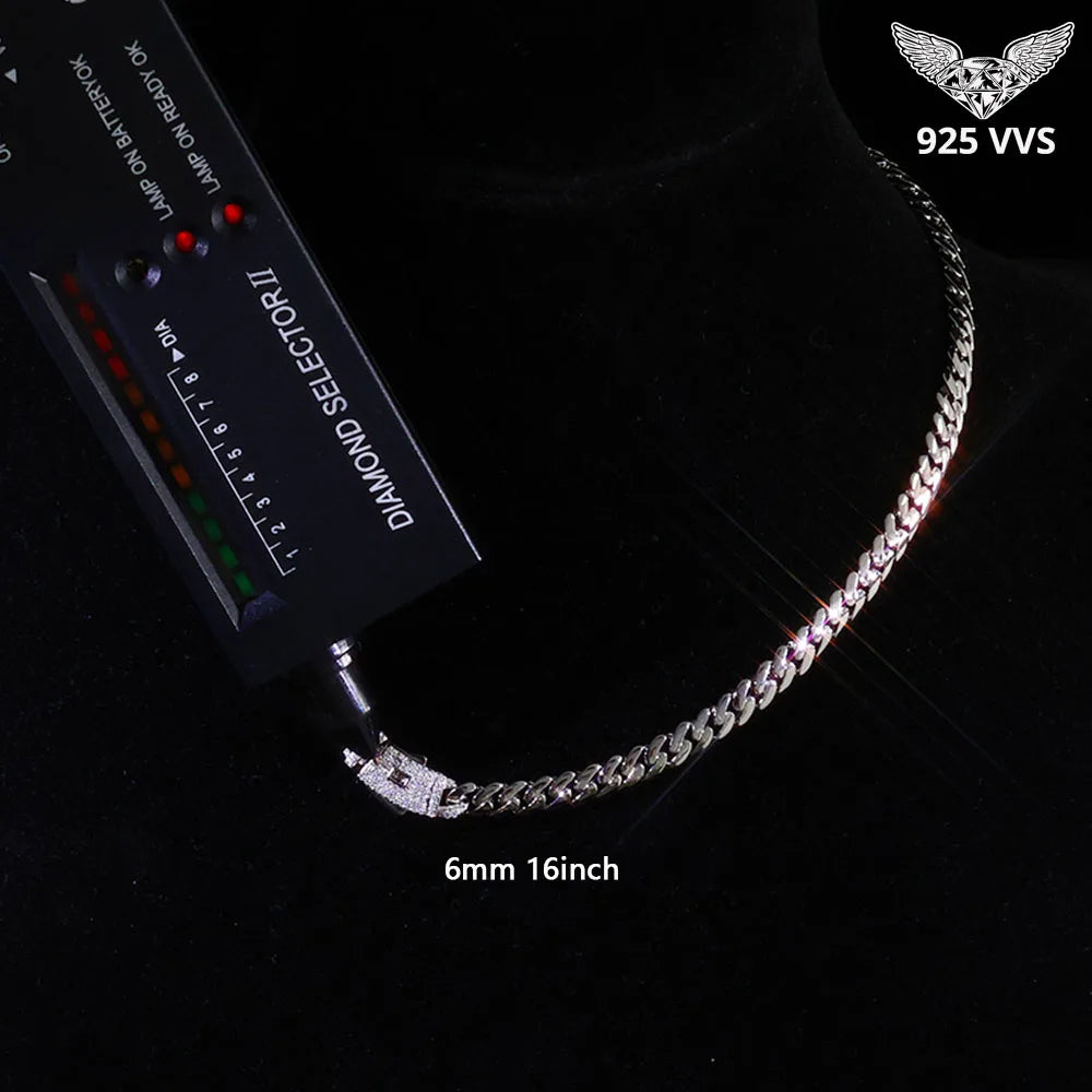 High Quality 925 Sterling Silver 6MM Cuban Link Chain Iced Out Moissanite Diamond Clasp Smooth Chain Necklace Gift for Women