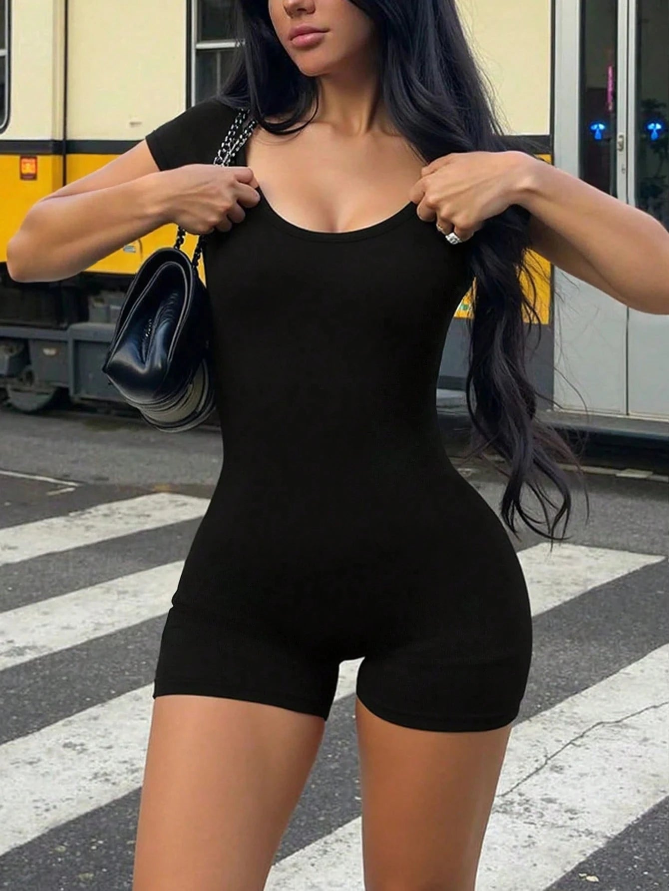 Women'S Spring And Summer Solid Color Sexy Fitted Outdoor Commuting Round Neck Short Sleeve Jumpsuit