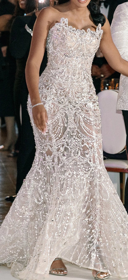 Luxury Mermaid Lace Crystal Women's Wedding Dress Sexy Dew Strap Detachable Train Bridal Dress Vestido De Noiva Customized