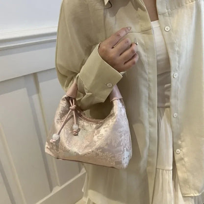 Fashion Luxury Women Embroidery Shoulder Bag Nylon Pearl Pendant Bucket Bag Versatile Handbag Retro Women Crossbody Bags сумка