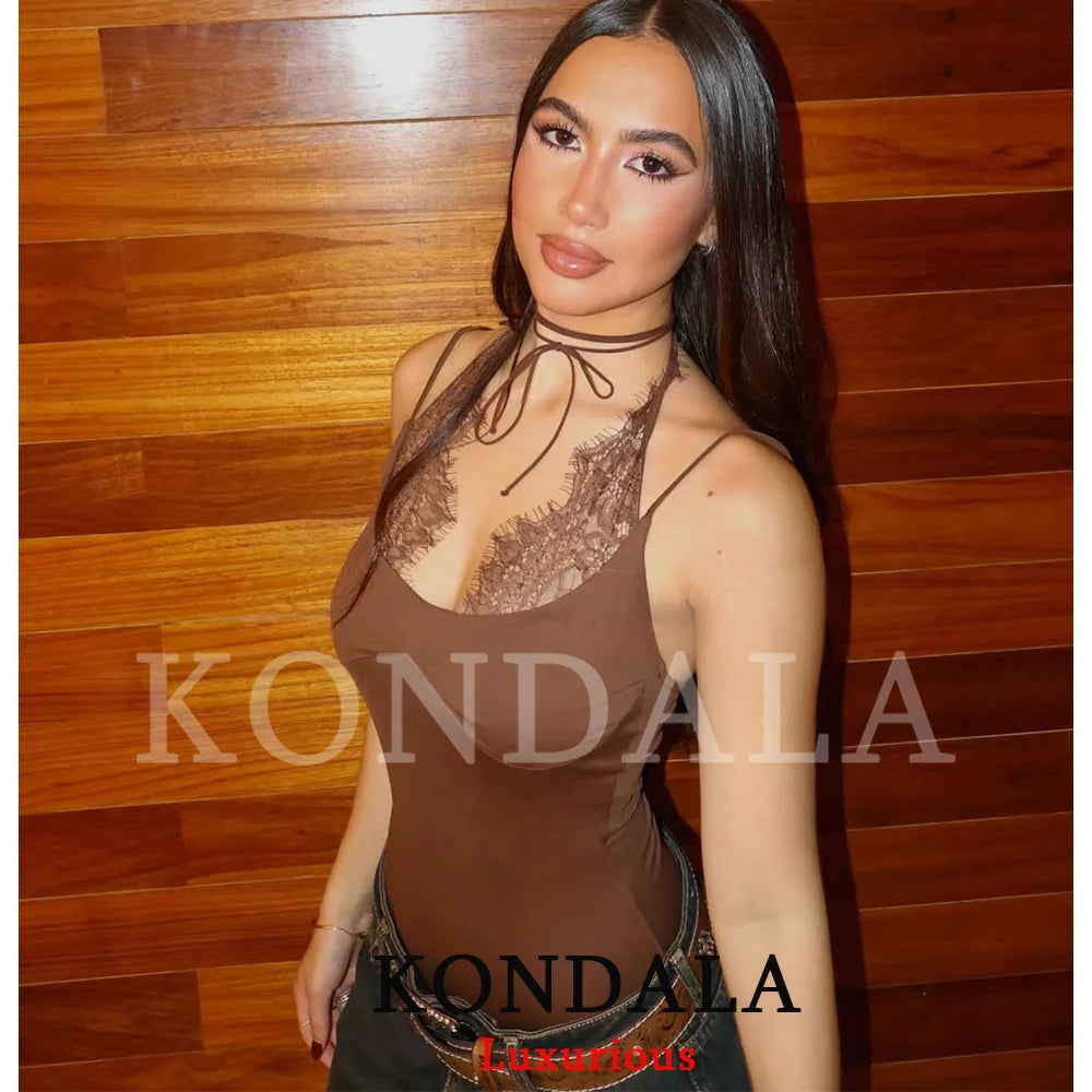 KONDALA Trendy Party Sexy Women Jumpsuit Patchwork Lace Halter Backless Bodysuit New Fashion 2026 Spring Summer Holiday Jumpsuit