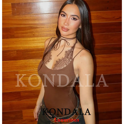 KONDALA Trendy Party Sexy Women Jumpsuit Patchwork Lace Halter Backless Bodysuit New Fashion 2026 Spring Summer Holiday Jumpsuit