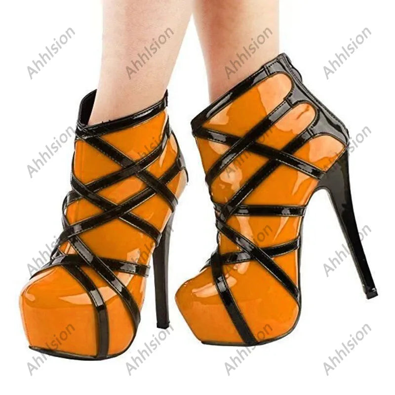 Ahhlsion Handmade Women Winter Ankle Boots Hidden Platform Stiletto Heels Round Toe Pretty Red Party Shoes US Plus Size 5-20