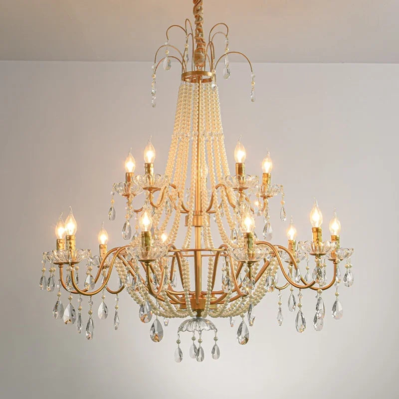 European Living Room Gold Candle E14 Chandelier Luxury Crystal Pearl Led Pendant Lights Villa Decor Led Suspend Lamp Luminarias