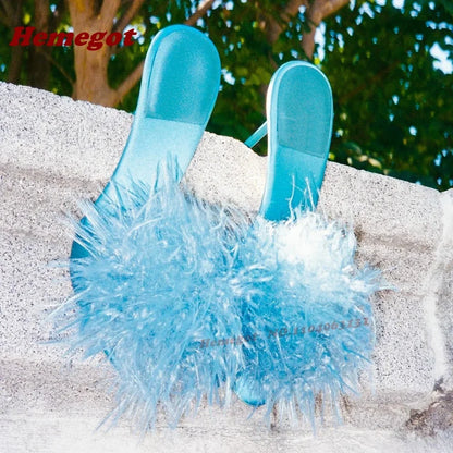 Purple Fluffy Fur Stiletto Heels Slippers Open Toe Satin Slip On Women Mules Summer Solid Patchwork Cute Casual Shoes Luxury