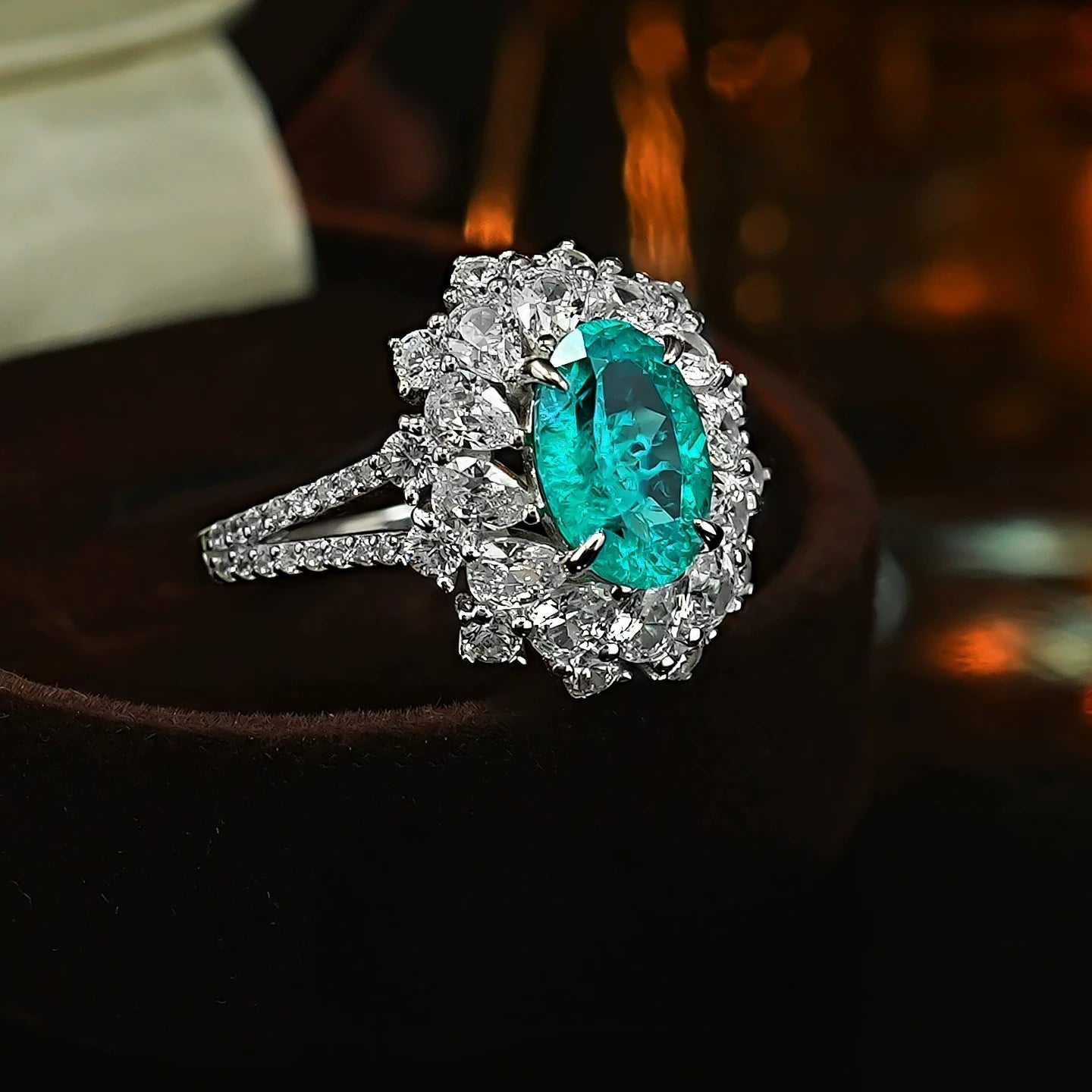 S925 Silver Ring 2ct Neon Blue Green Zircon Ring Double Layer Surrounding Luxury Women's Jewelry