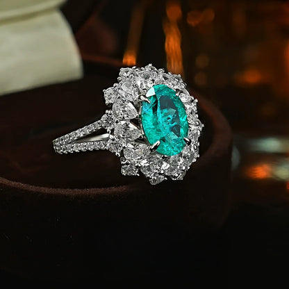 S925 Silver Ring 2ct Neon Blue Green Zircon Ring Double Layer Surrounding Luxury Women's Jewelry