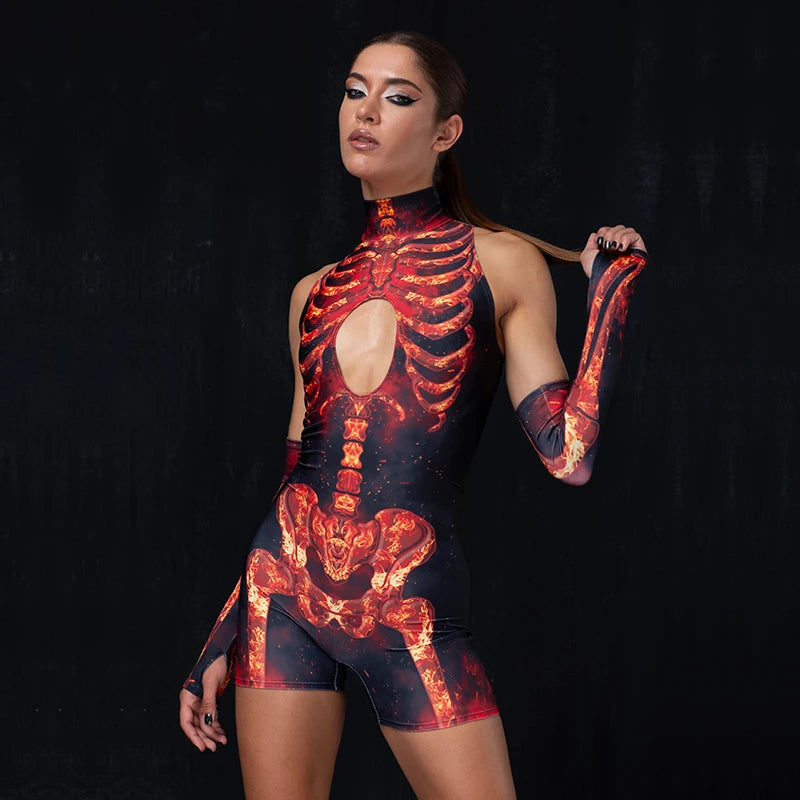 Bone Printed Playsuit Women Y2K Jumpsuits High Waist Hollow Out Gloves Bodycon Short Sleeves Rompers Sexy Club Bodysuits Female