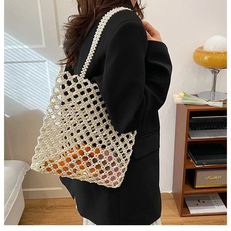2026 Fashion Exquisite Bead Sense of Luxury Hollow Out Women‘s Handbags Hot Sale New No Zipper Acrylic Square Shoulder Bags
