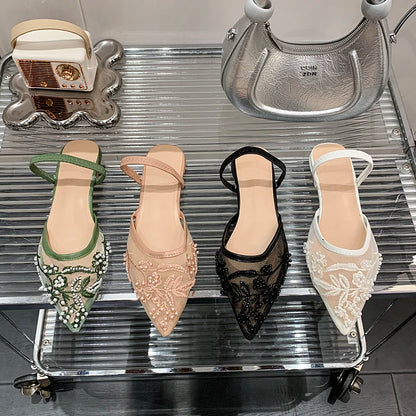 Pearl Bead Embroidery Lace Slingback Shoes Woman Luxury Floral Silk Gauze Low Heel Mules Ladies Elegant Evening Party Dress Shoe