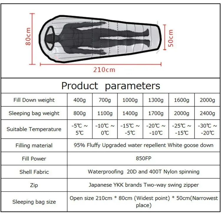 Upgraded High-grade White Goose Down Camping Sleeping Bag with Water Repellent Treatment Warm Insulated Fit for Cold Weather
