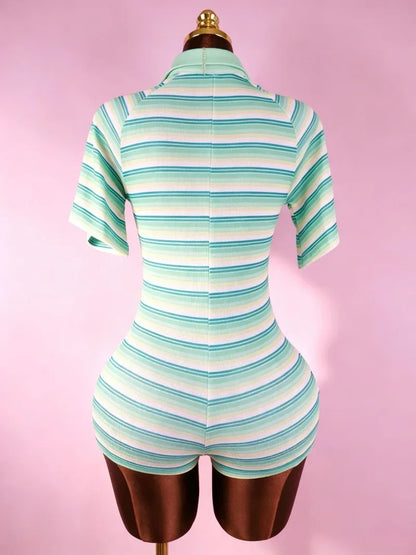 Ribbed Colorful Stripes Skinny Playsuits Women Fashion Casual Buttons V-neck Lapel Collar Short Sleeve Slim Streetwear Rompers