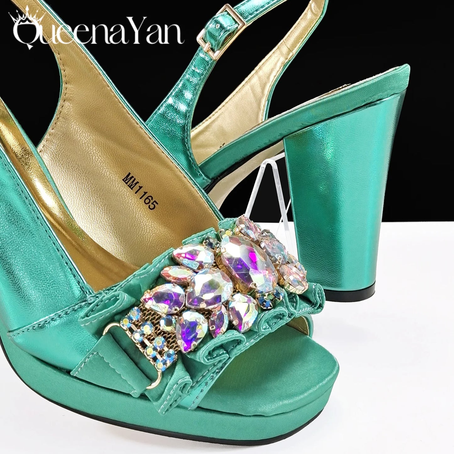 Queena Yan New Arrival Mature Elegant Silver Color Rhinestore Design Party Wedding Lady Shoes and Bag Set for Platform Design