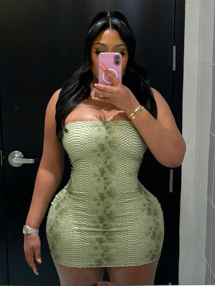Weird Puss Sexy Snake Pattern Dress Women Strapless Low Chest Peach Hip Hottie Hipster Stretch Skinny Street Midnight Clubwear