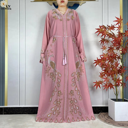 New Style Fashion Dubai Muslim Women Dress Elegant Arabic Femme Hijab Long Sleeve Chiffon Diamond Abaya Islamic Turkey Clothing