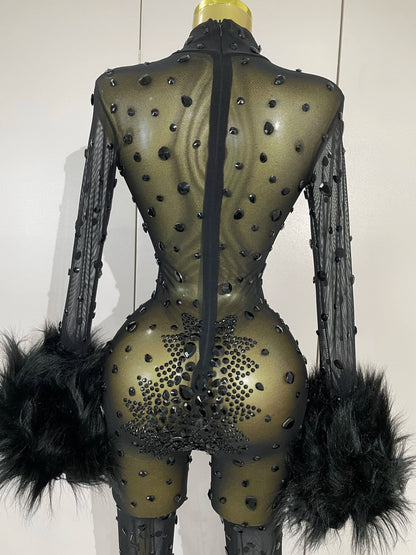 STOCK Luxury Diamond Black Mesh Transparent Stretchy Long Sleeve Jumpsuit Women Sexy Performance Singer Costume Nightclub Outfit