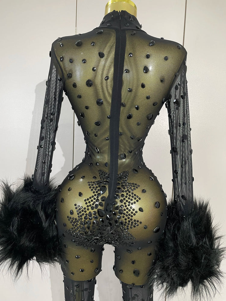 STOCK Luxury Diamond Black Mesh Transparent Stretchy Long Sleeve Jumpsuit Women Sexy Performance Singer Costume Nightclub Outfit
