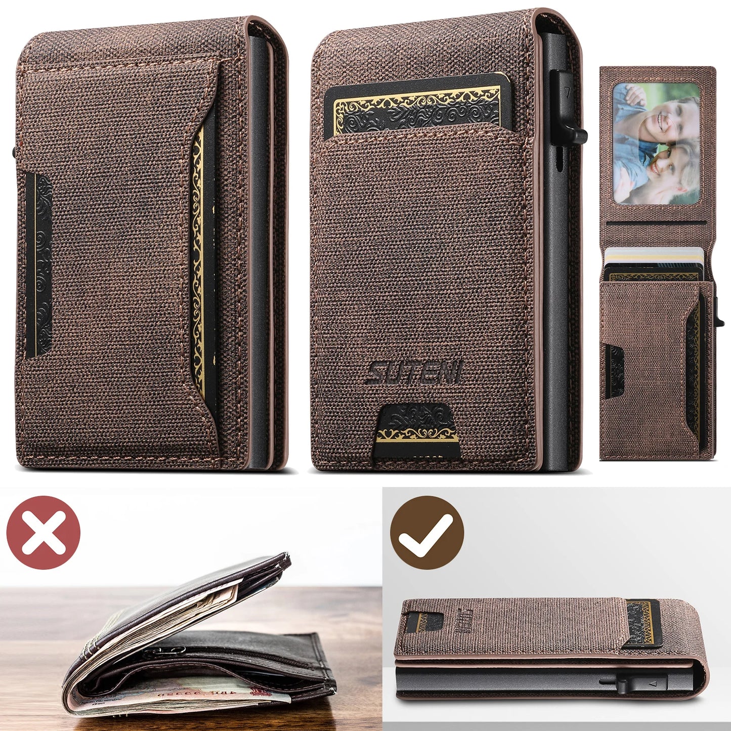 Push-out Card High quality PU leather Card Holder Wallet Holder Large Capacity Can Hold 1-12 Cards 1 Photo Black/Brown/Blue