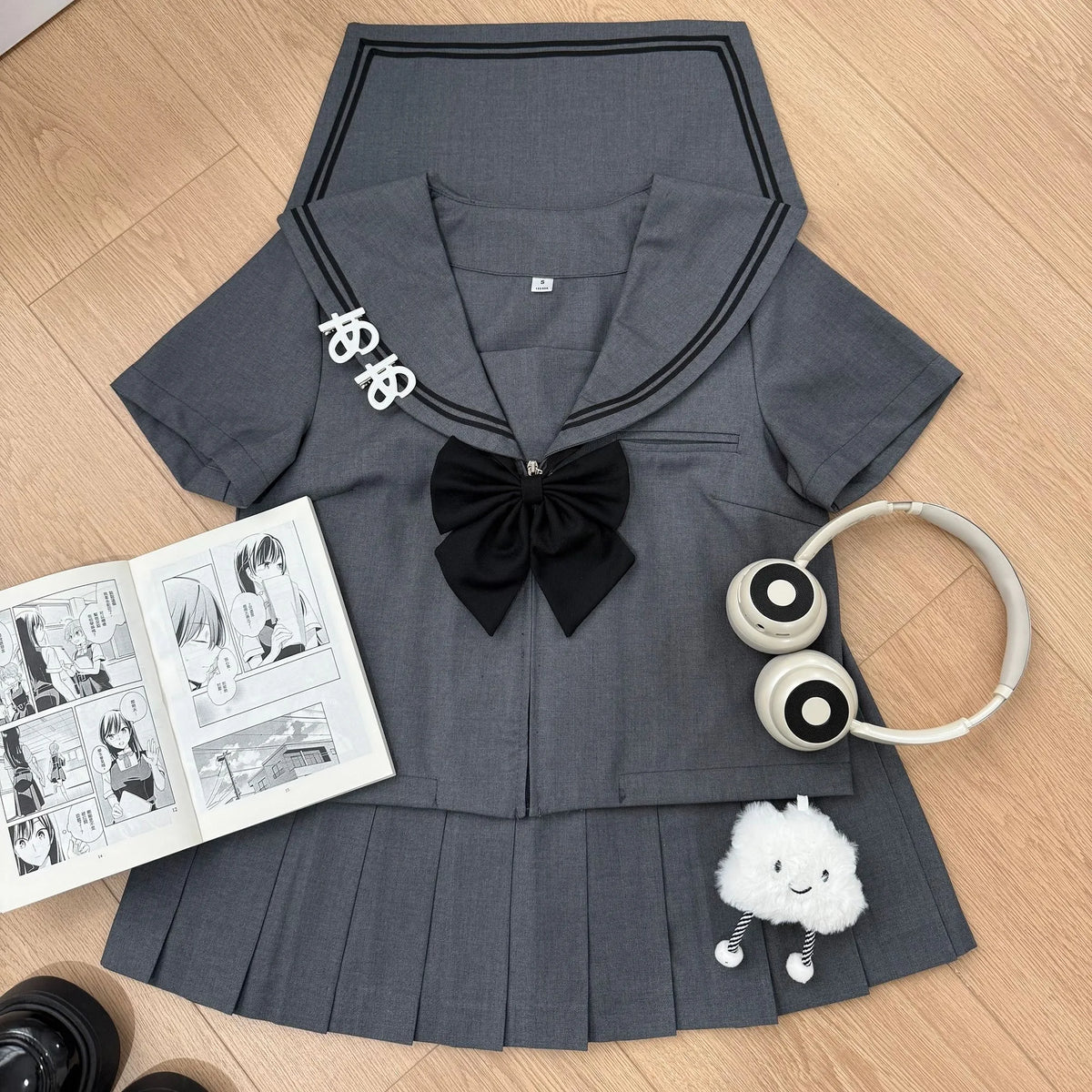 Basic Grey Sailor Suit Set, School Uniform, Preppy Style, Short-sleeved, Long-sleeved, and Short-skirted.