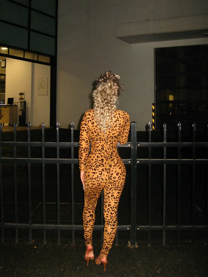 Leopard Print New Women's Jumpsuit Slim Long-sleeved Sexy Flocked See-through Slimming Jumpsuits For Woman Комбинезон Женский