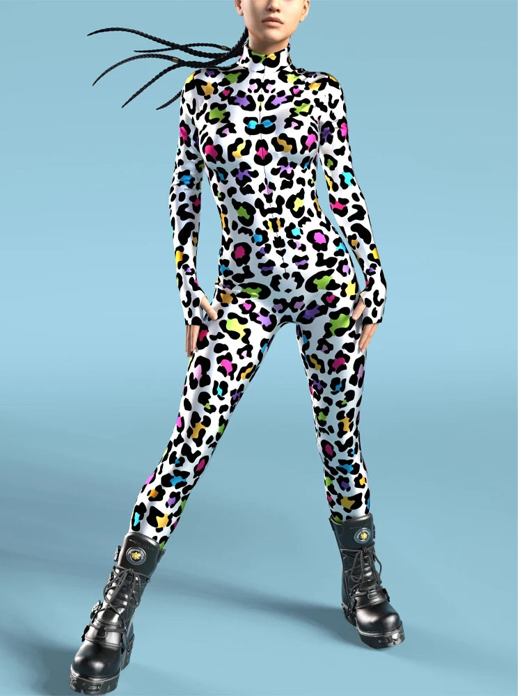 Women Sexy Rainbow Spot Print Jumpsuit Halloween Colorful Spotted Dog Cosplay Bodysuit Festival Theme Party Catsuit Rave Outfits
