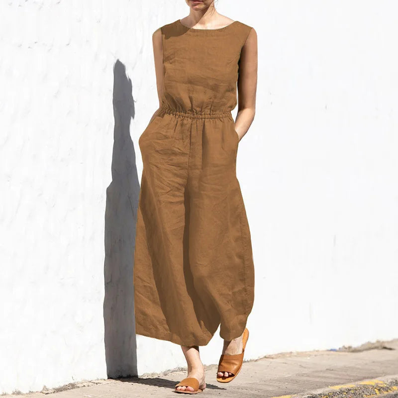 Jumpsuits Women New Summer Solid Color high-waisted Sleeveless Elastic Waist Casual Loose Temperament Rompers Clothing JYFS6542